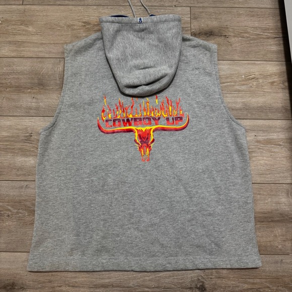 Cowboy Up Other - Cowboy Up Mens XL Sleeveless Full Zip Hoodie Gray Flaming Bull Graphic Vest y2k